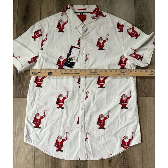 Denim Flower Button Up Shirt Mens L White Santa Claus Christmas Happy Holiday - Picture 10 of 10